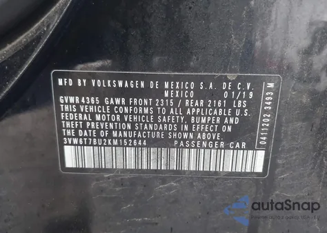 2019 Volkswagen Jetta Gli 2.0T 35Th Anniversary Edition/2.0T Autobahn/2.0T S z USA, uszkodzony, nr VIN 3VW6T7BU2KM152644